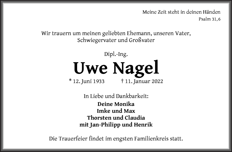  Traueranzeige für Uwe Nagel vom 15.01.2022 aus WESER-KURIER