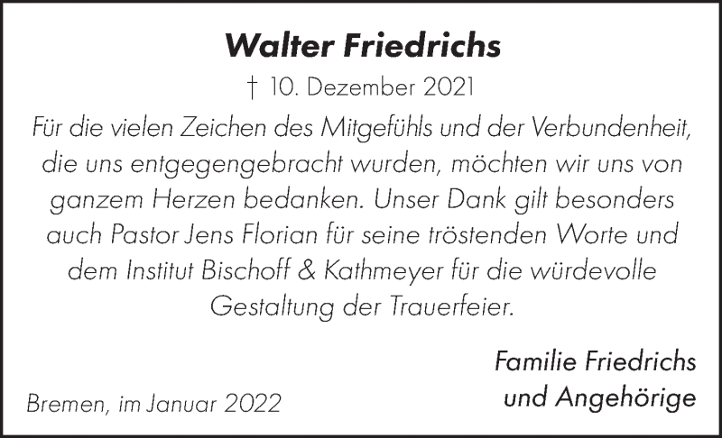 Traueranzeige von Walter Friedrichs von Die Norddeutsche