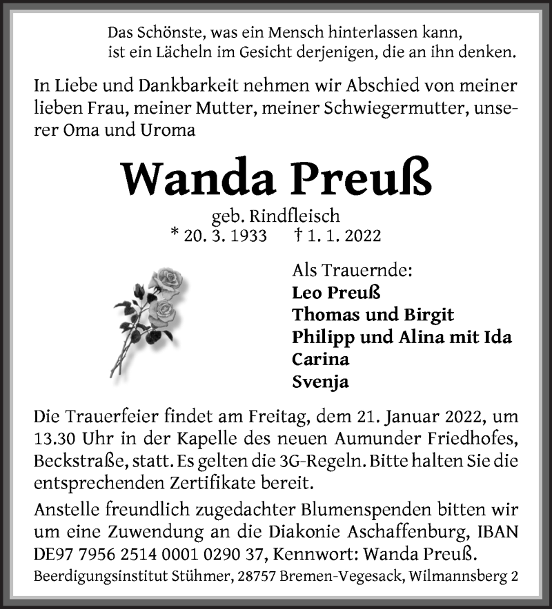  Traueranzeige für Wanda Preuß vom 15.01.2022 aus Die Norddeutsche