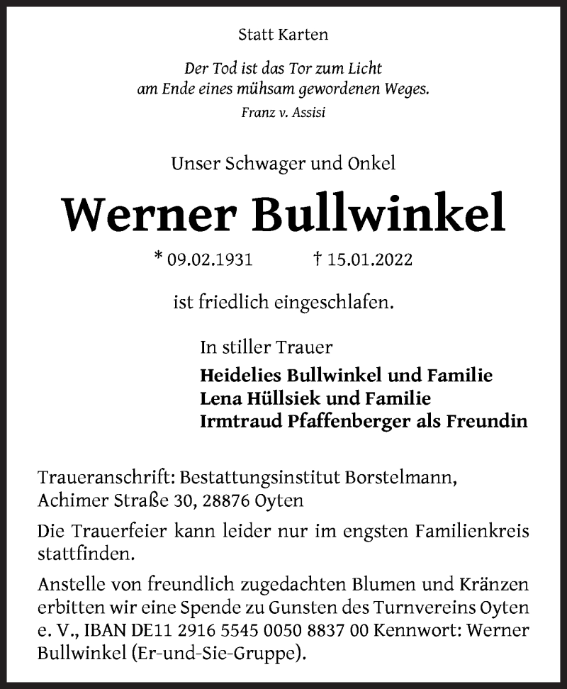  Traueranzeige für Werner Bullwinkel vom 22.01.2022 aus Achimer Kurier/Verdener Nachrichten