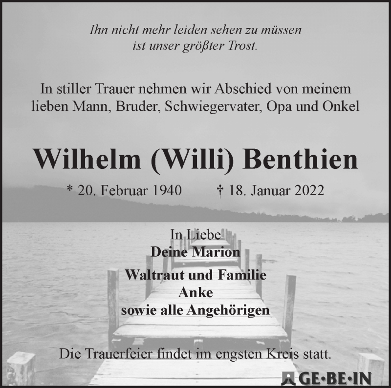  Traueranzeige für Wilhelm Benthien vom 29.01.2022 aus WESER-KURIER