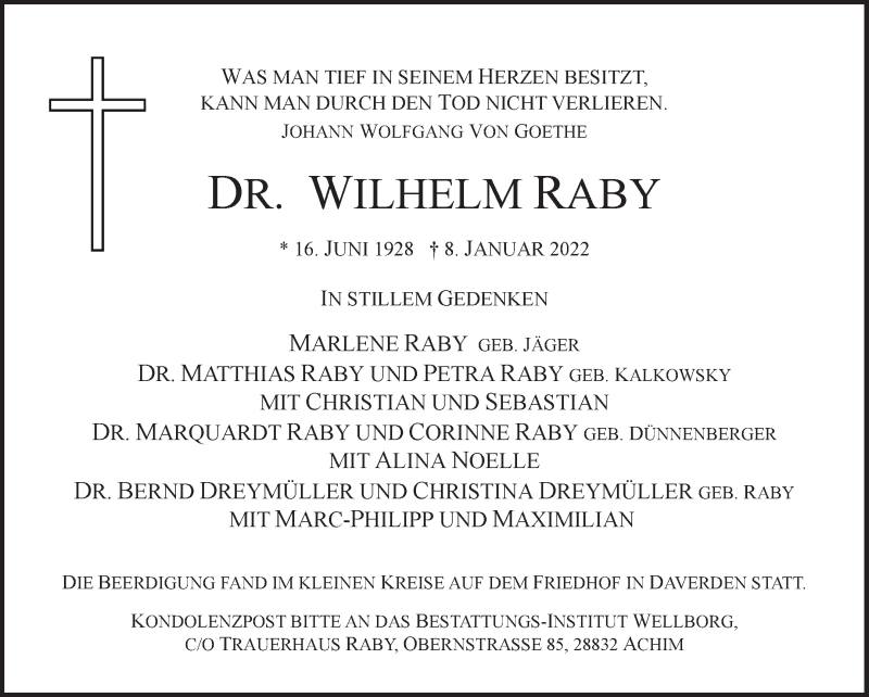  Traueranzeige für Wilhelm Raby vom 22.01.2022 aus Achimer Kurier/Verdener Nachrichten