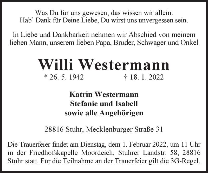  Traueranzeige für Willi Westermann vom 22.01.2022 aus WESER-KURIER