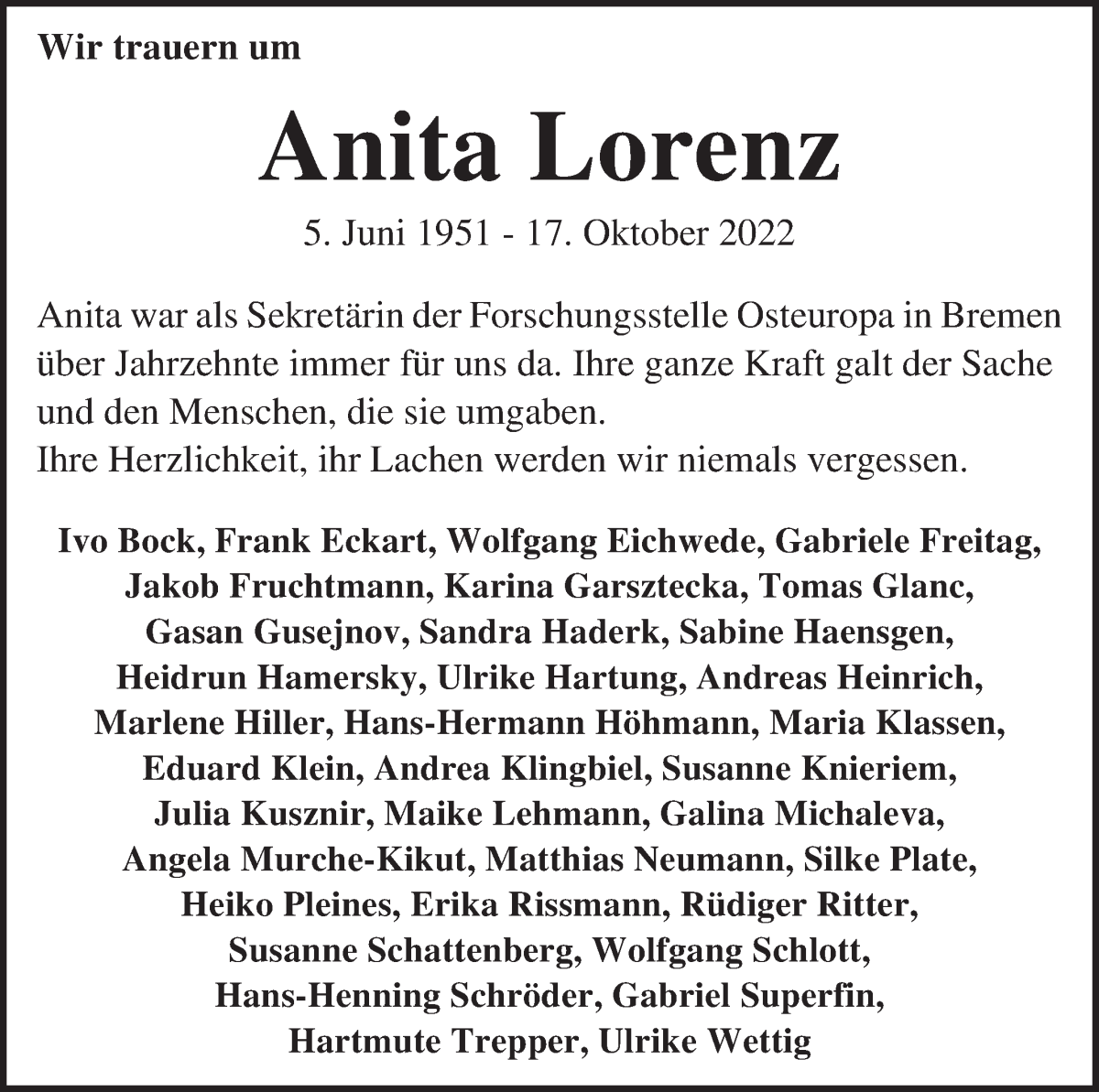  Traueranzeige für Anita Lorenz vom 29.10.2022 aus WESER-KURIER
