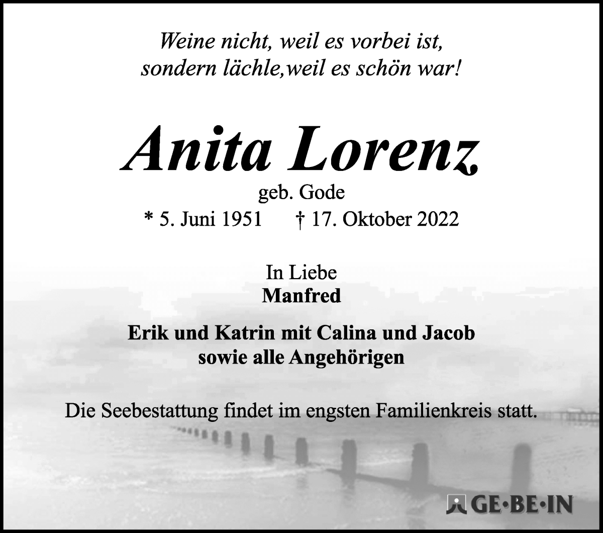  Traueranzeige für Anita Lorenz vom 29.10.2022 aus WESER-KURIER