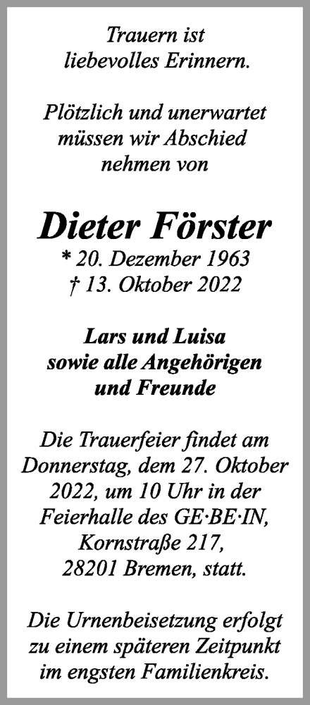  Traueranzeige für Dieter Förster vom 22.10.2022 aus WESER-KURIER