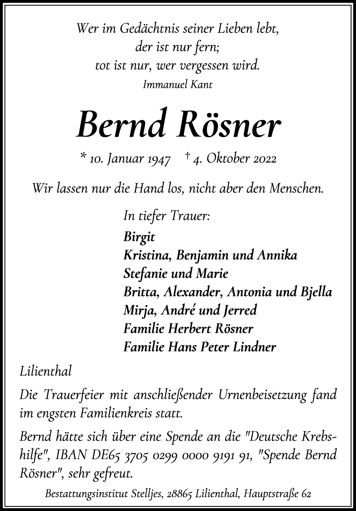  Traueranzeige für Bernd Rösner vom 22.10.2022 aus WESER-KURIER