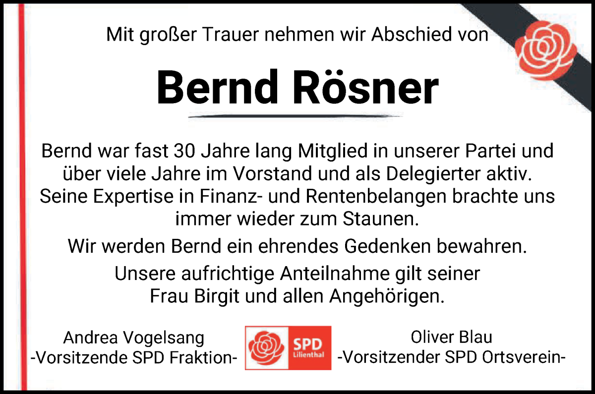  Traueranzeige für Bernd Rösner vom 22.10.2022 aus Wuemme Zeitung