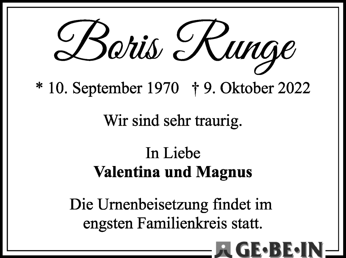  Traueranzeige für Boris Runge vom 15.10.2022 aus WESER-KURIER