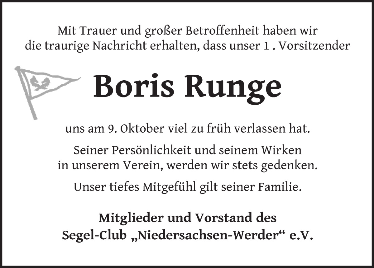  Traueranzeige für Boris Runge vom 15.10.2022 aus WESER-KURIER