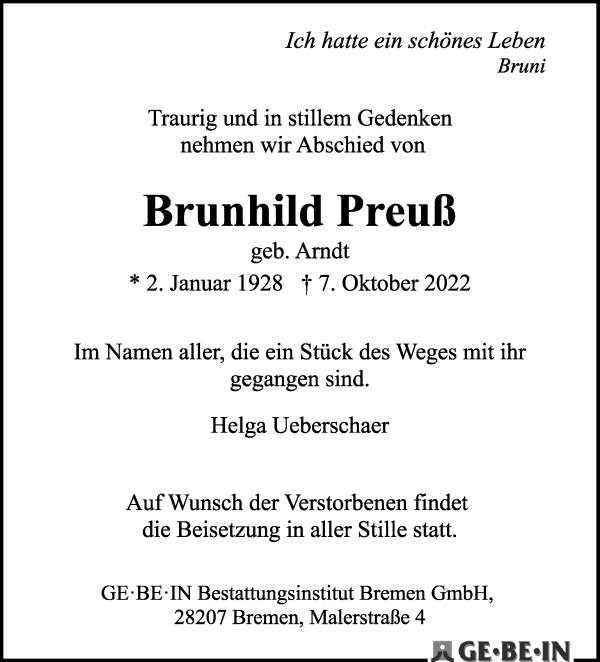 Traueranzeige von Brunhild Preuß von WESER-KURIER