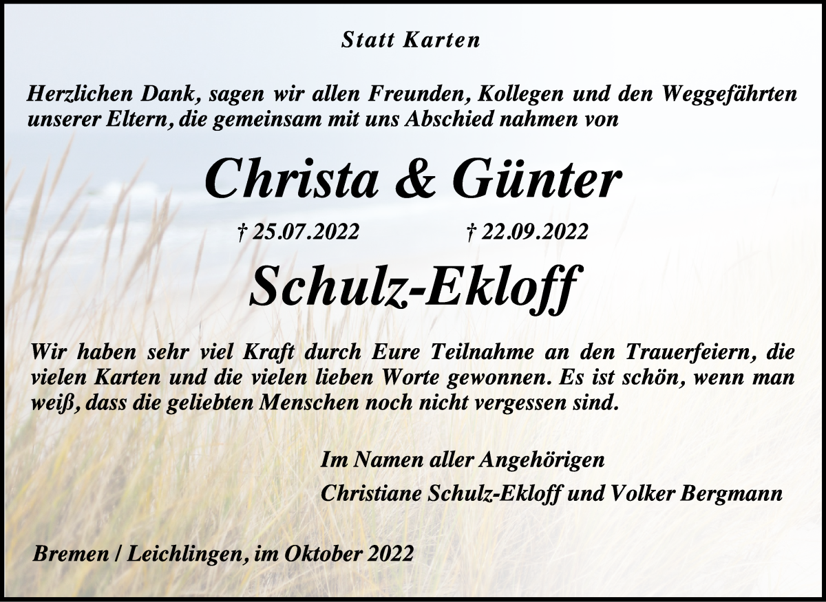 Traueranzeige von Christa  Günter Schulz-Ekloff von WESER-KURIER