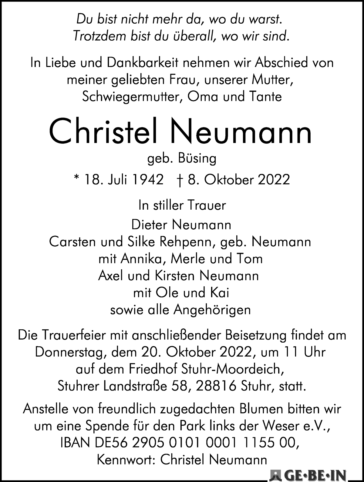 Traueranzeige von Christel Neumann von WESER-KURIER