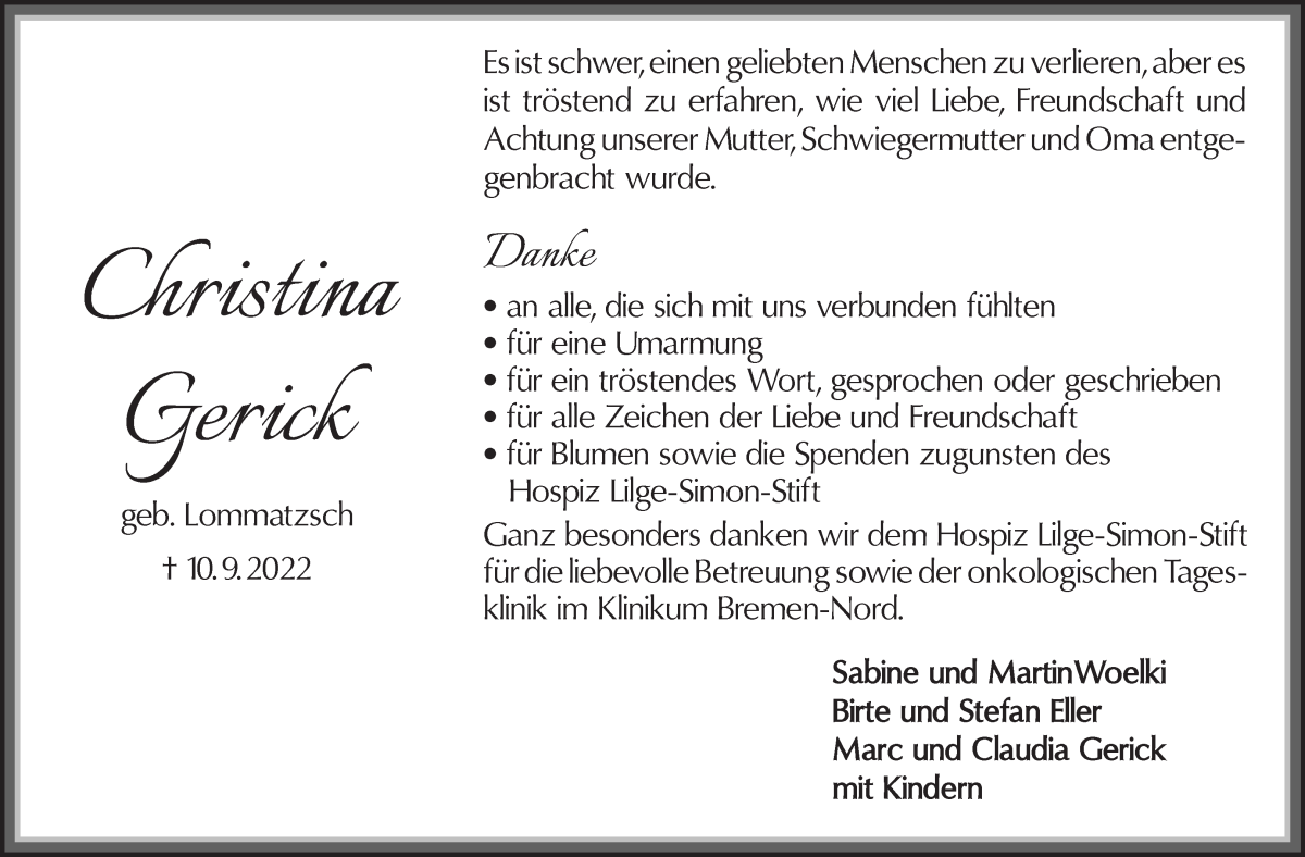  Traueranzeige für Christina Gerick vom 22.10.2022 aus Die Norddeutsche