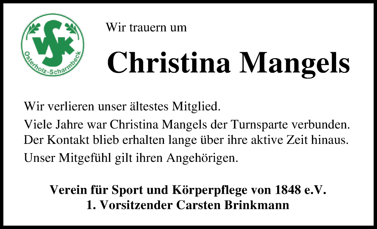 Traueranzeige von Christina Mangels von Osterholzer Kreisblatt
