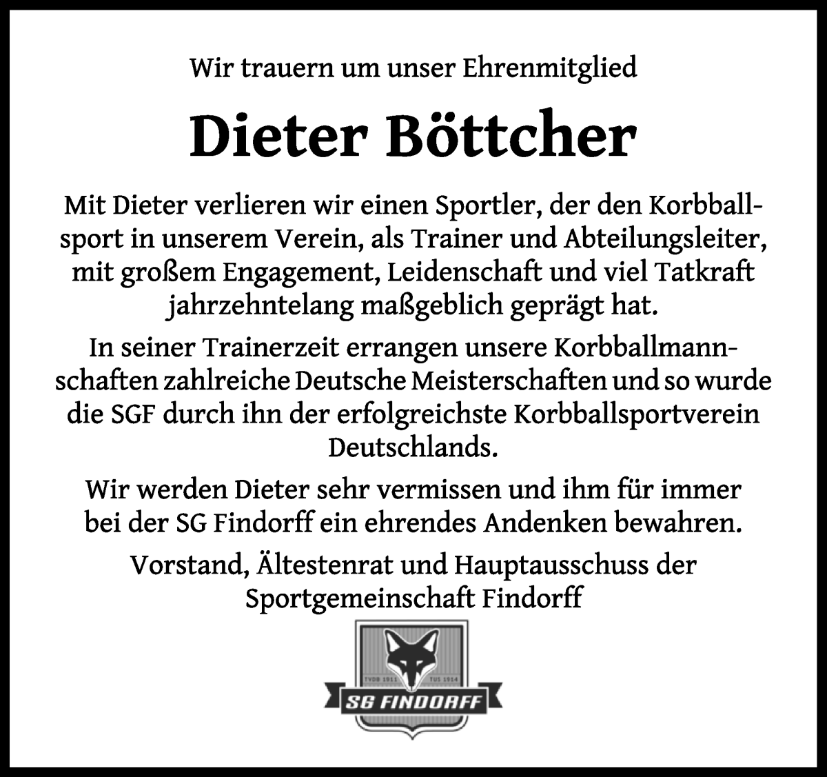  Traueranzeige für Dieter Böttcher vom 01.10.2022 aus WESER-KURIER