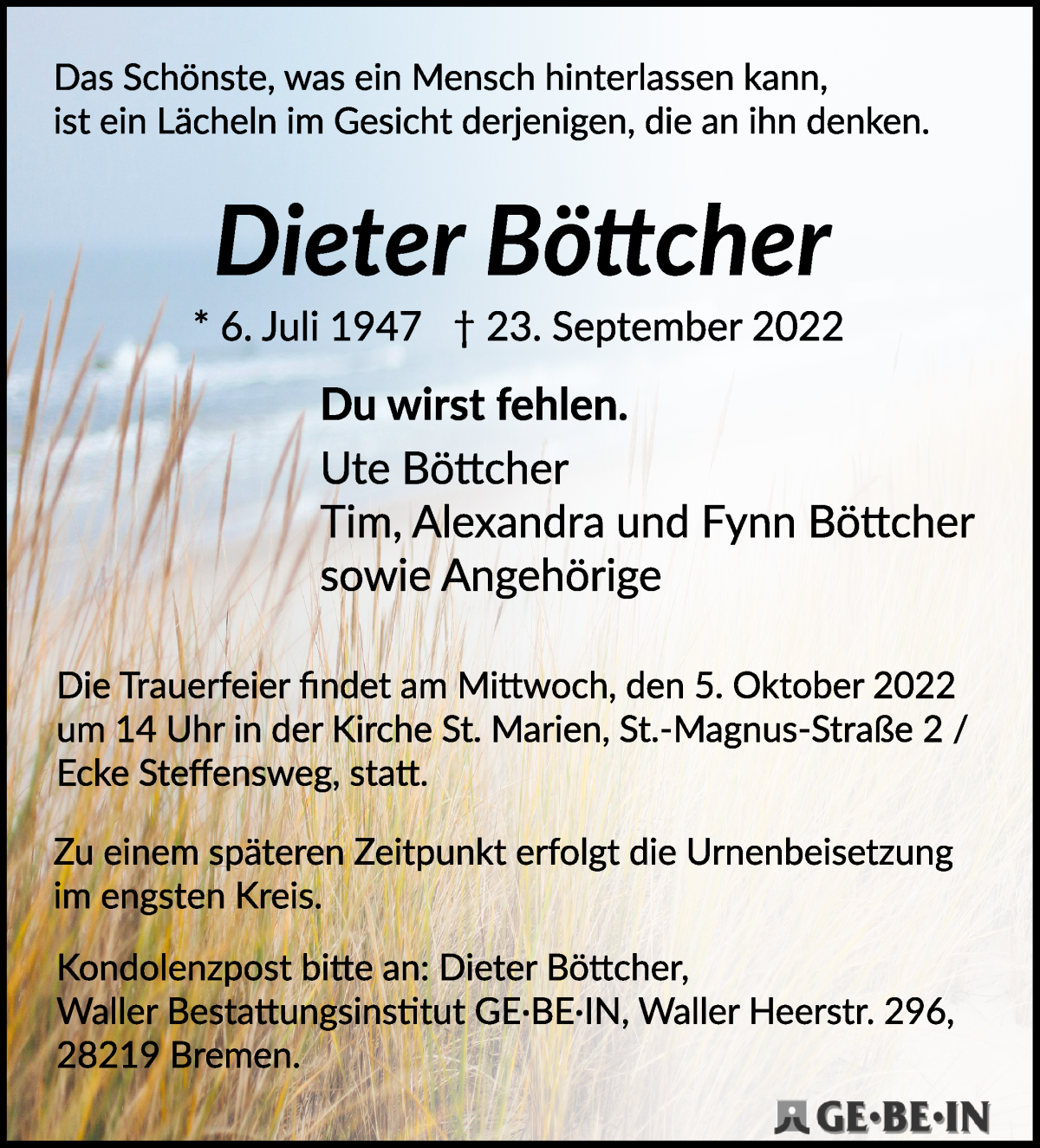  Traueranzeige für Dieter Böttcher vom 01.10.2022 aus WESER-KURIER