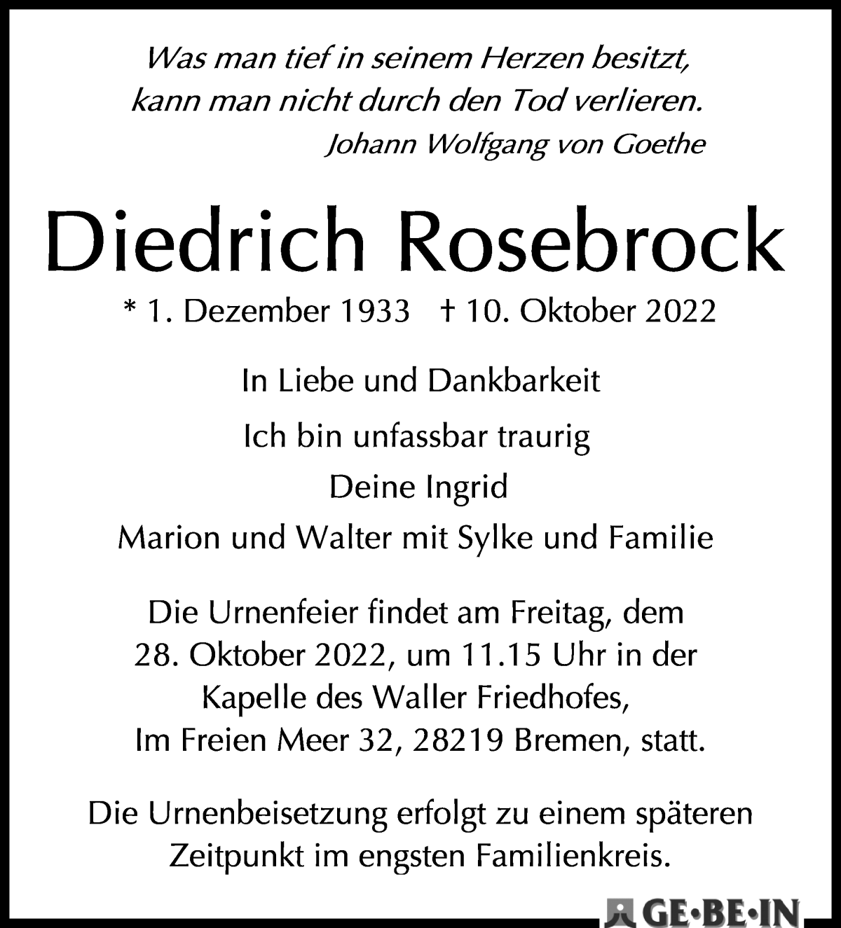  Traueranzeige für Dietrich Rosebrock vom 22.10.2022 aus WESER-KURIER