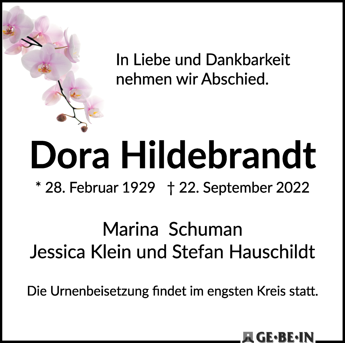  Traueranzeige für Dora Hildebrandt vom 08.10.2022 aus WESER-KURIER