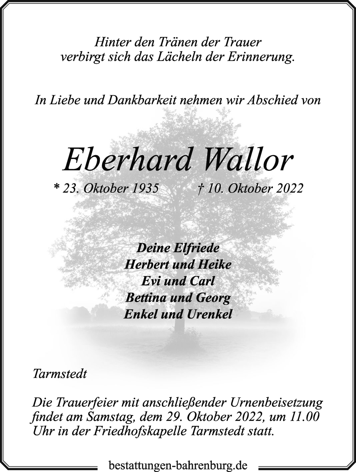 Traueranzeige von Eberhard Wallor von WESER-KURIER