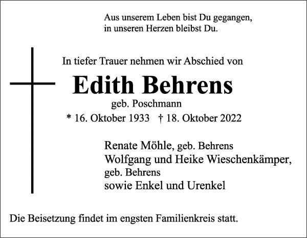Traueranzeige von Edith Behrens von WESER-KURIER