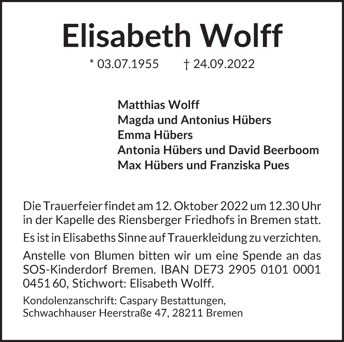 Traueranzeige von Elisabeth Wolff von WESER-KURIER