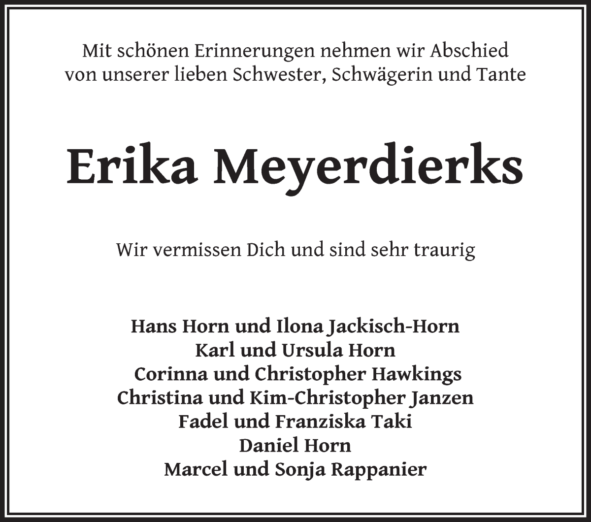 Traueranzeige von Erika Meyerdierks von Wuemme Zeitung