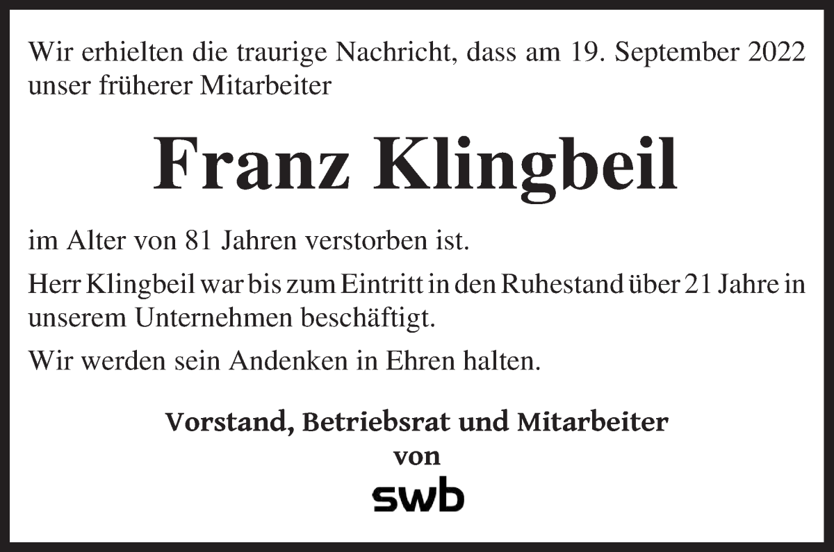  Traueranzeige für Franz Klingbeil vom 01.10.2022 aus WESER-KURIER