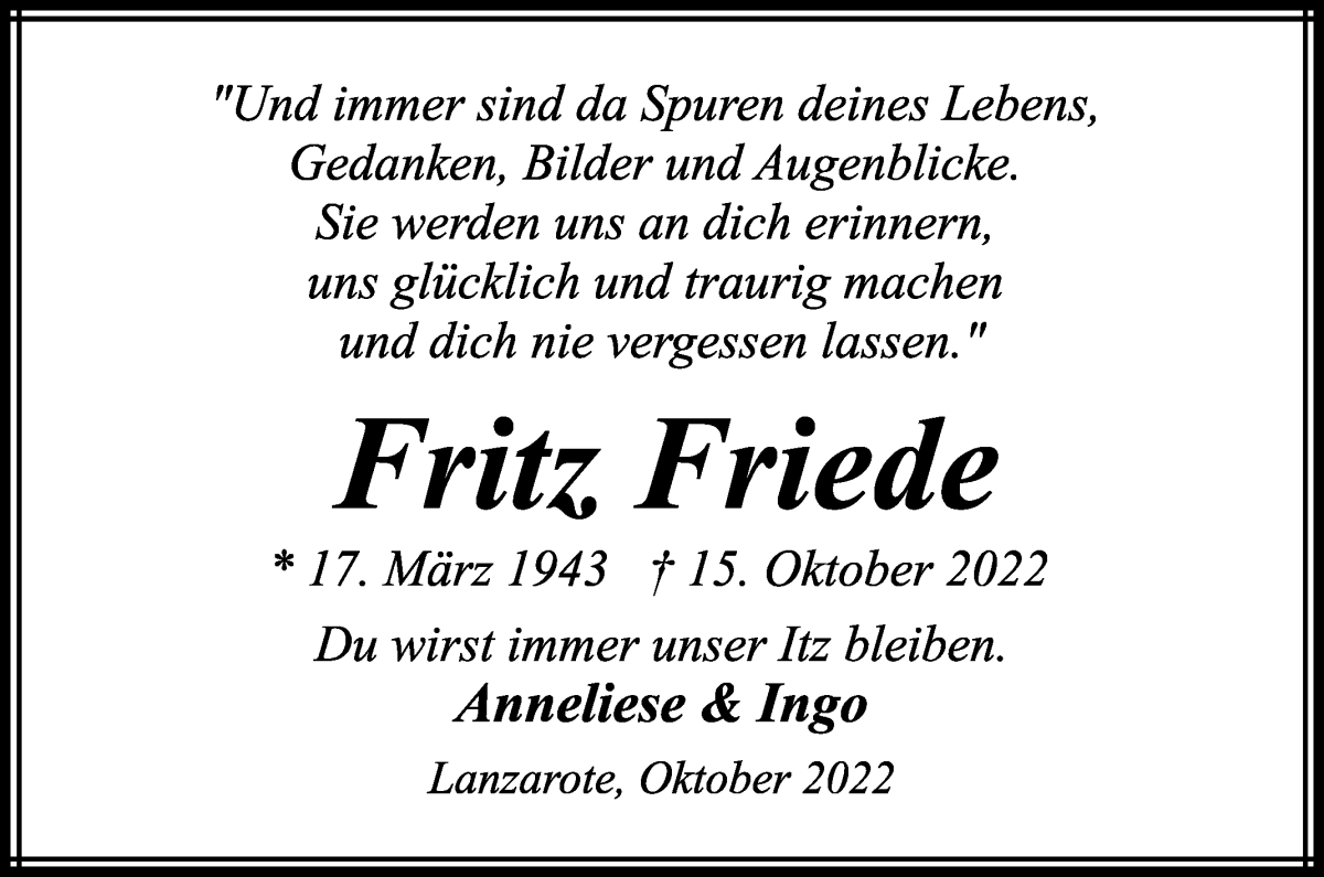  Traueranzeige für Fritz Friede vom 24.10.2022 aus Wuemme Zeitung