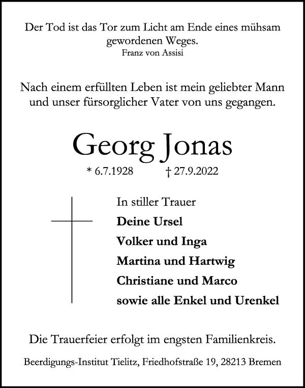 Traueranzeige von Georg Jonas von WESER-KURIER