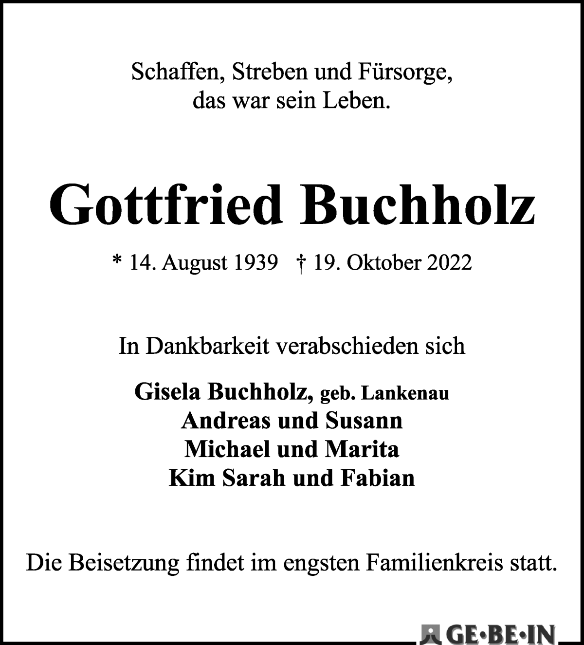 Traueranzeige von Gottfried Buchholz von WESER-KURIER