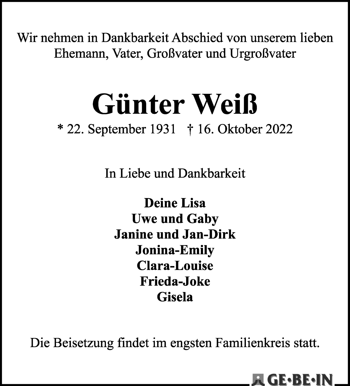  Traueranzeige für Günter Weiß vom 29.10.2022 aus WESER-KURIER