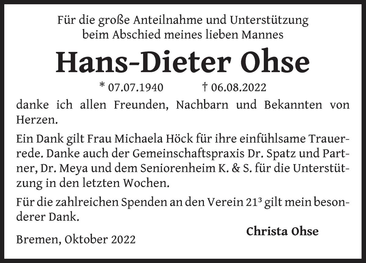 Traueranzeige für Hans-Dieter Ohse vom 08.10.2022 aus WESER-KURIER