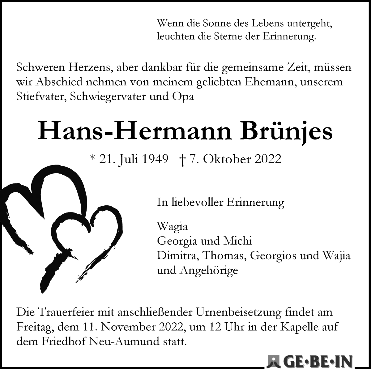 Traueranzeige von Hans-Hermann Brünjes von Die Norddeutsche