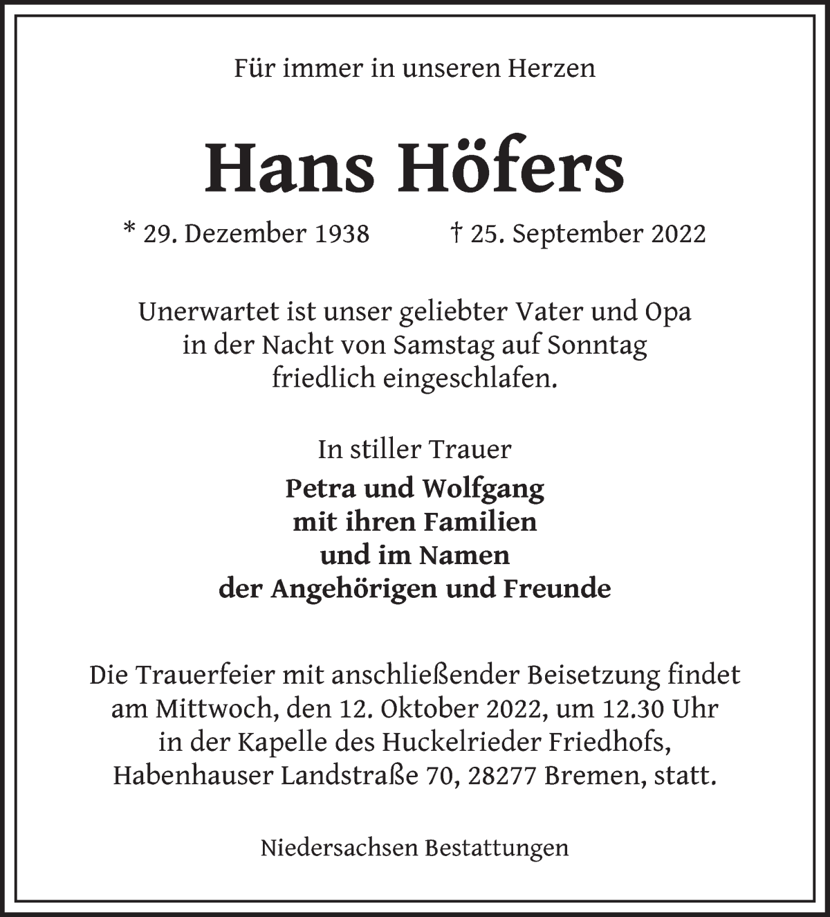  Traueranzeige für Hans Höfers vom 01.10.2022 aus WESER-KURIER