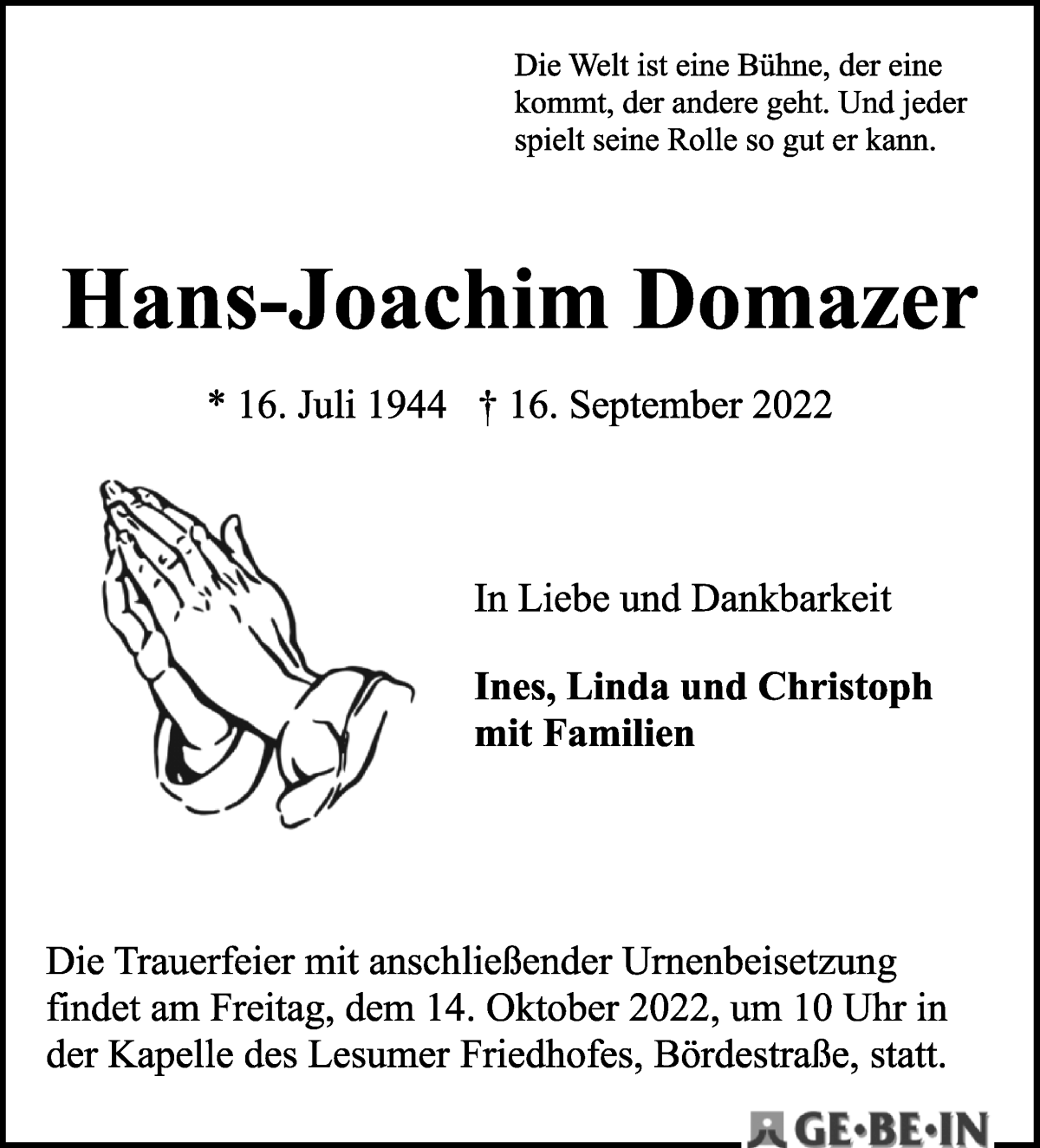  Traueranzeige für Hans-Joachim Domazer vom 01.10.2022 aus Die Norddeutsche