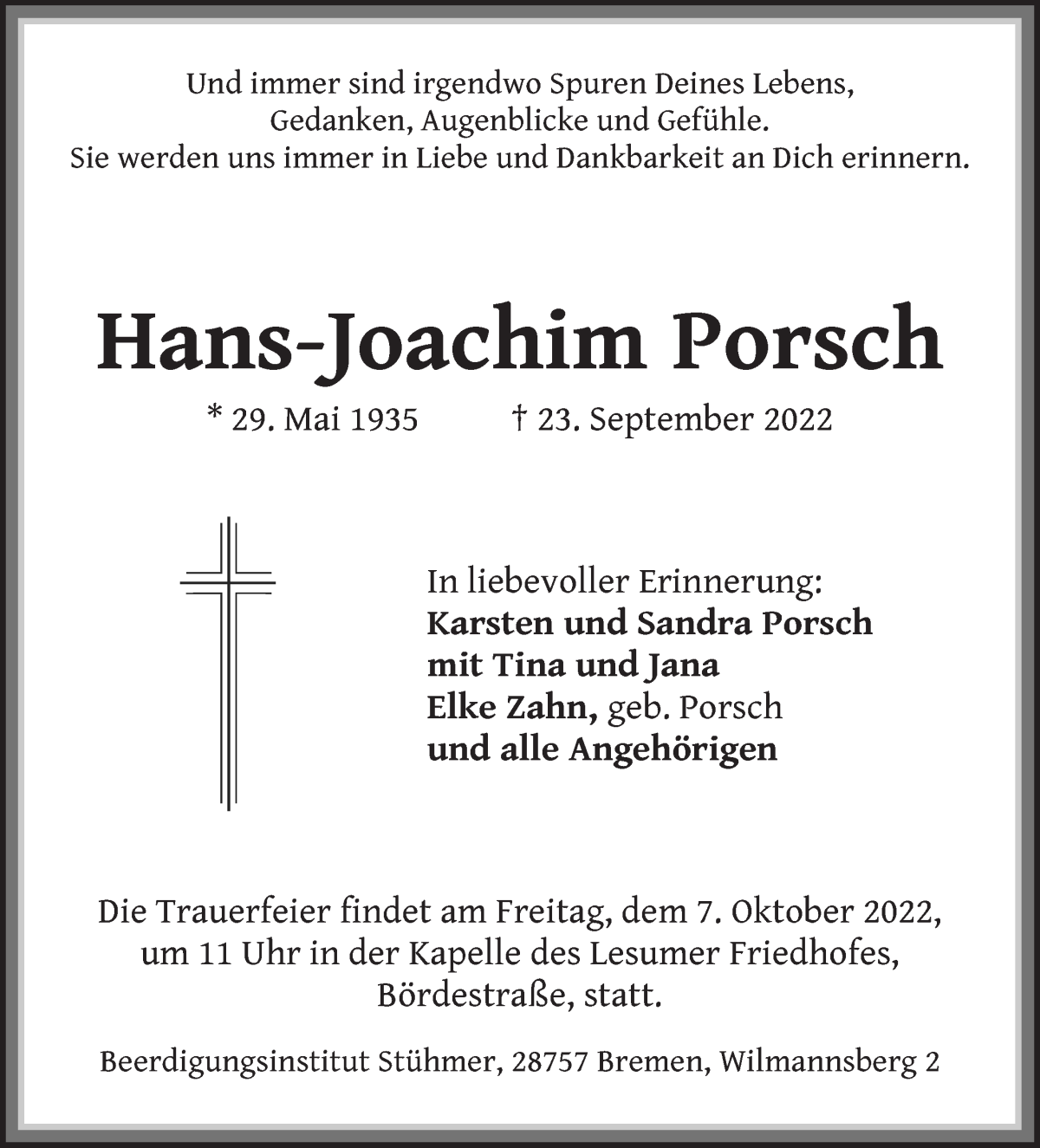  Traueranzeige für Hans-Joachim Porsch vom 01.10.2022 aus Die Norddeutsche