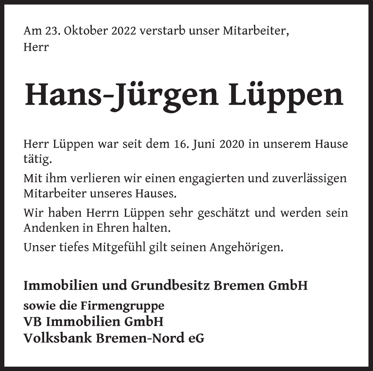  Traueranzeige für Hans-Jürgen Lüppen vom 29.10.2022 aus Die Norddeutsche