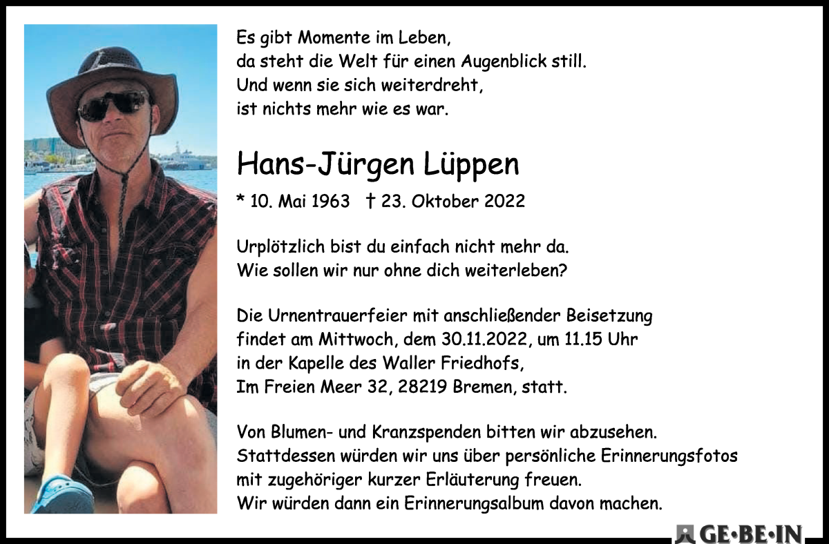  Traueranzeige für Hans-Jürgen Lüppen vom 29.10.2022 aus WESER-KURIER