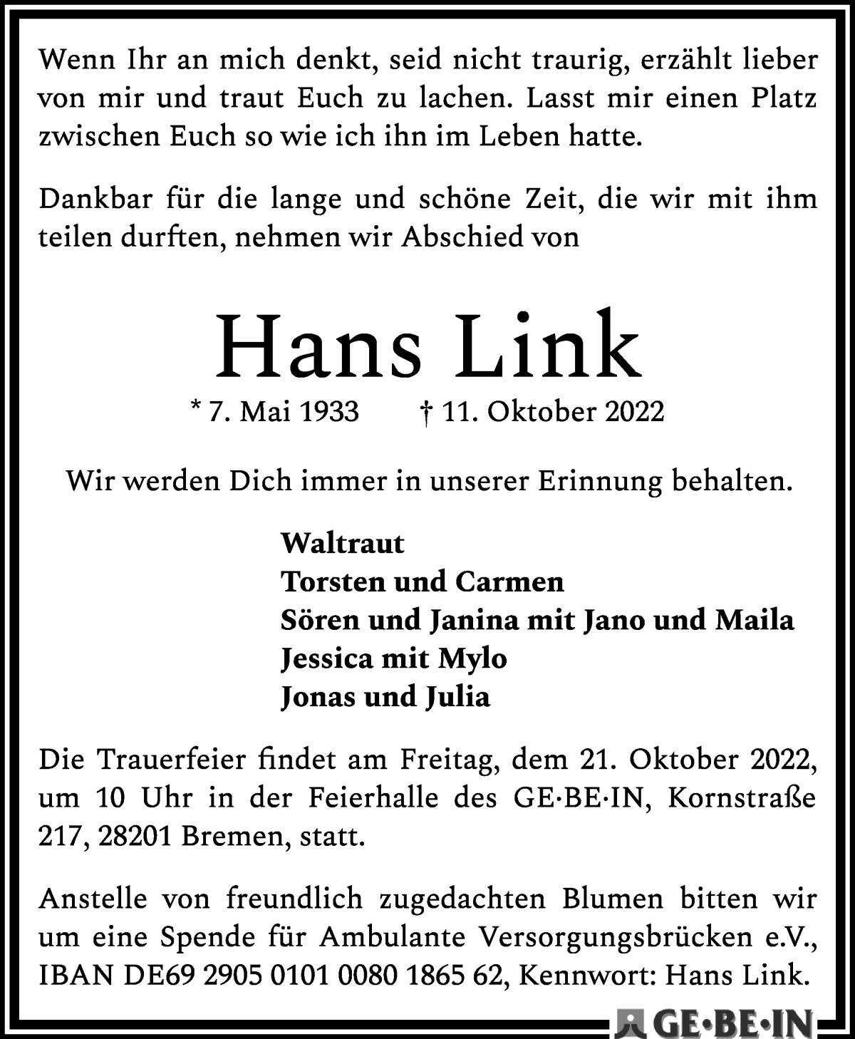  Traueranzeige für Hans Link vom 18.10.2022 aus WESER-KURIER