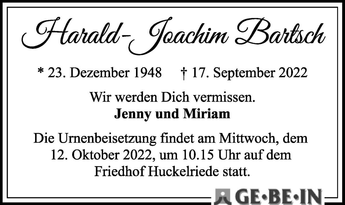 Traueranzeige von Harald-Joachim Bartsch von WESER-KURIER