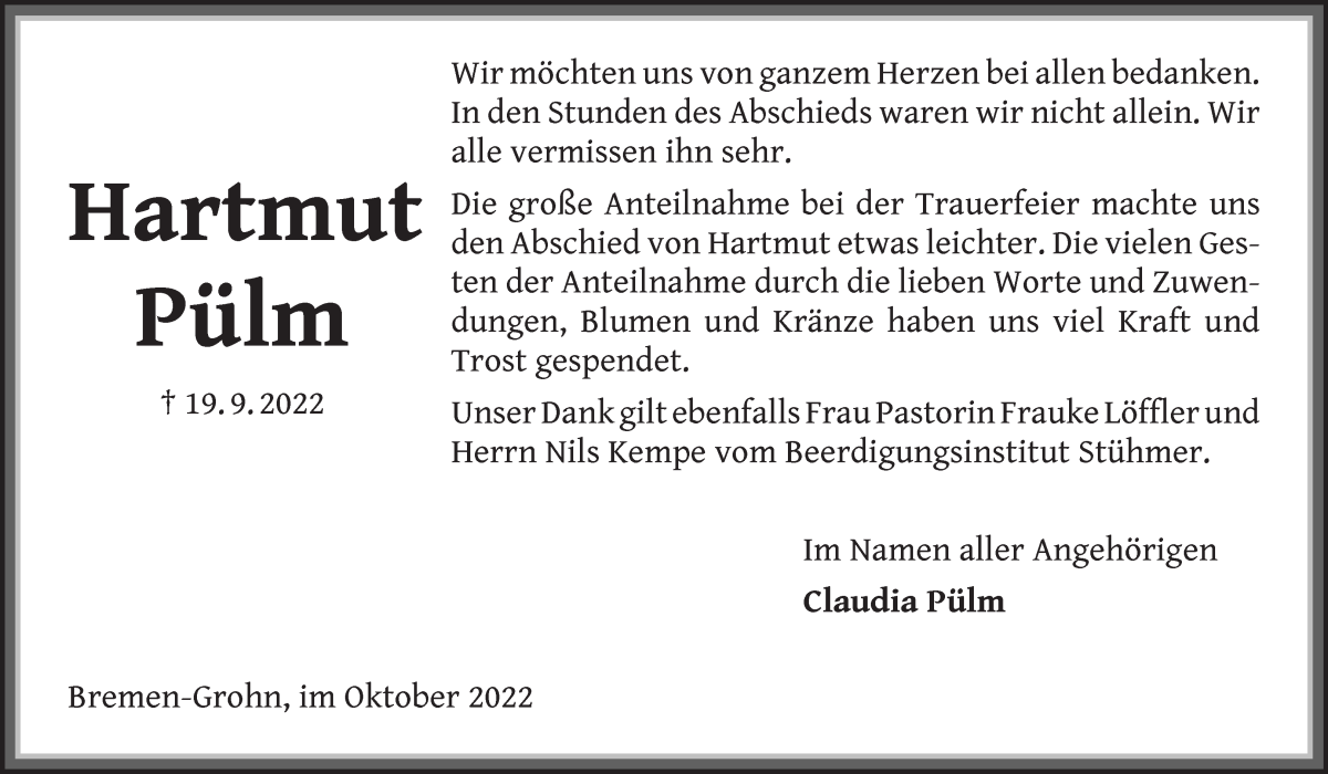  Traueranzeige für Hartmut Pülm vom 22.10.2022 aus Die Norddeutsche