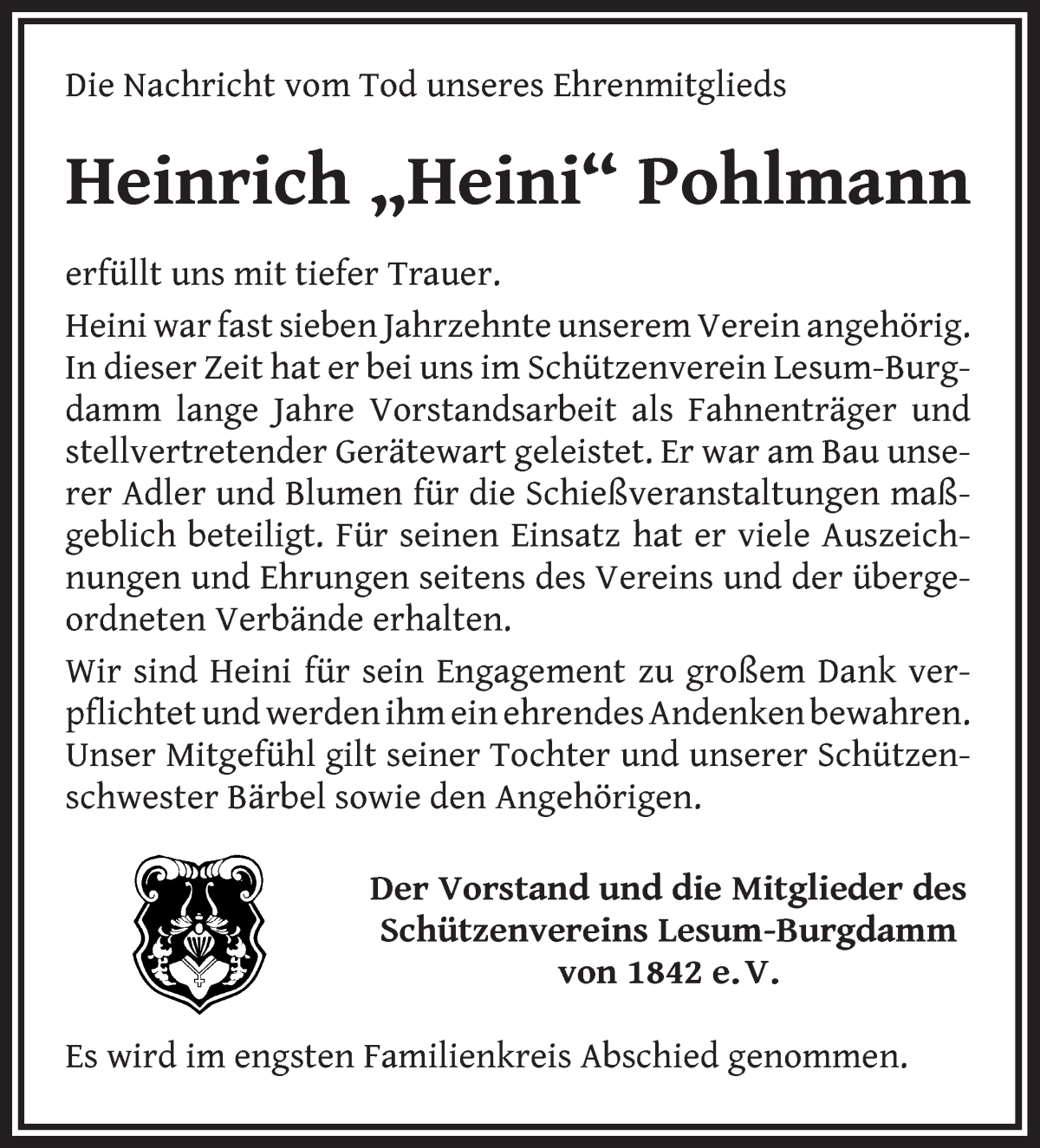 Traueranzeige von Heinrich Pohlmann von Die Norddeutsche