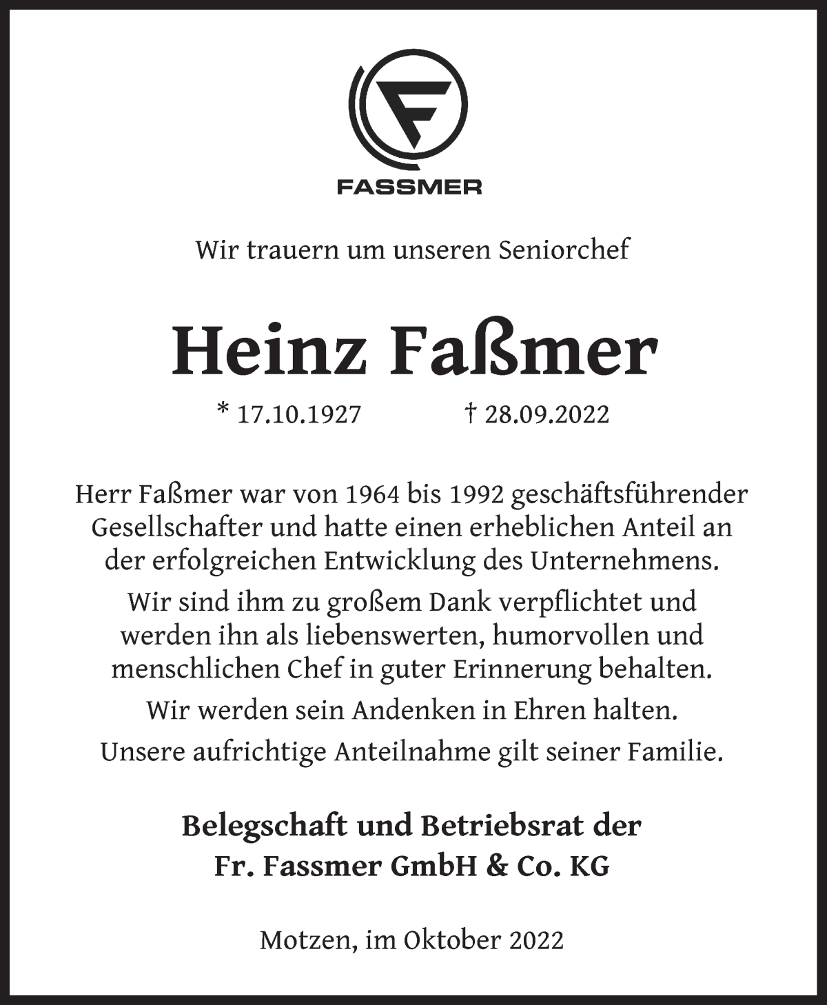  Traueranzeige für Heinz Faßmer vom 04.10.2022 aus WESER-KURIER