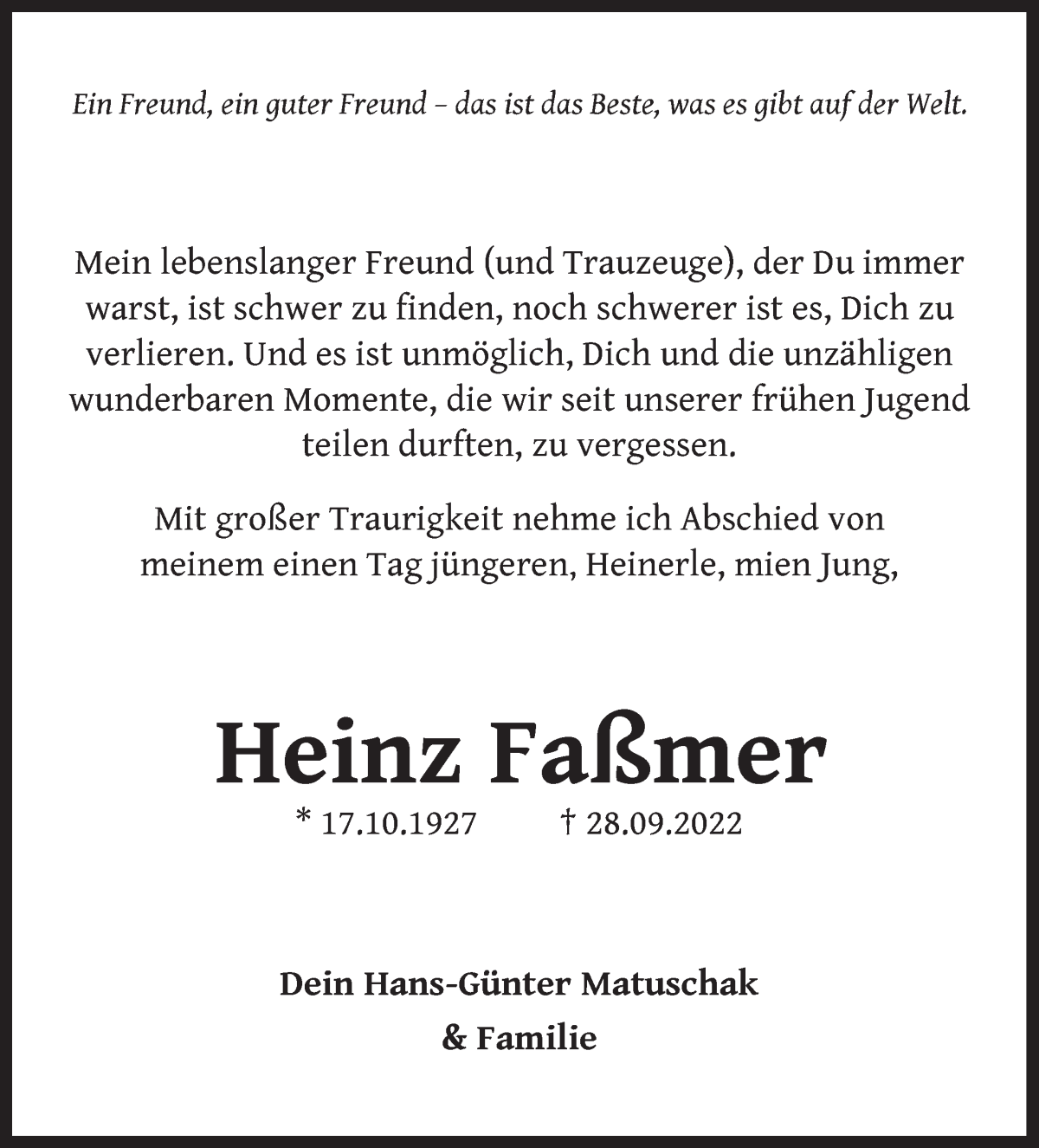  Traueranzeige für Heinz Faßmer vom 04.10.2022 aus WESER-KURIER