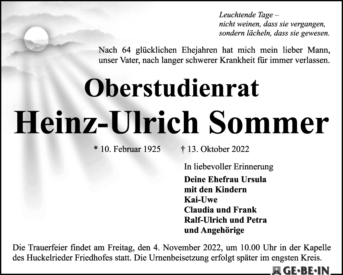  Traueranzeige für Heinz-Ulrich Sommer vom 22.10.2022 aus WESER-KURIER