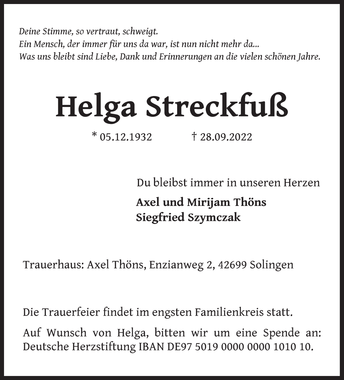  Traueranzeige für Helga Streckfuß vom 01.10.2022 aus Osterholzer Kreisblatt