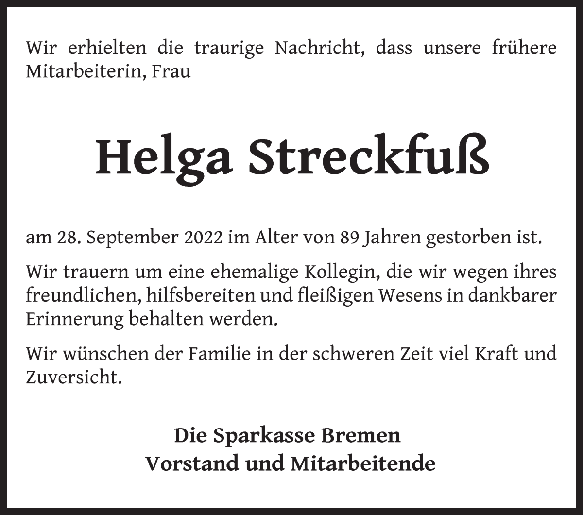  Traueranzeige für Helga Streckfuß vom 15.10.2022 aus WESER-KURIER