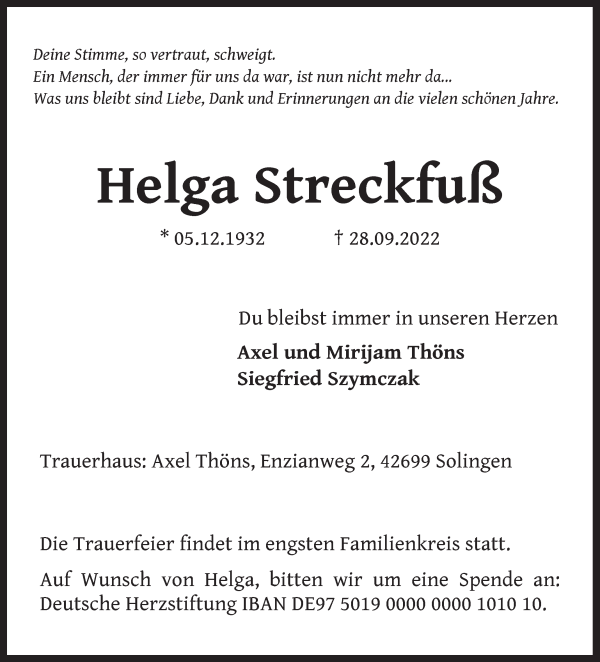 Traueranzeige von Helga Streckfuß von Osterholzer Kreisblatt