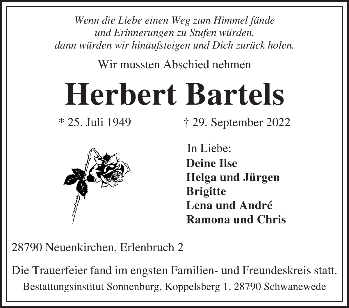 Traueranzeige von Herbert Bartels von WESER-KURIER